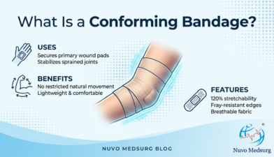 A conforming bandage wrapped around a limb, showing its stretchable fabric.