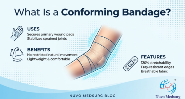 A conforming bandage wrapped around a limb, showing its stretchable fabric.