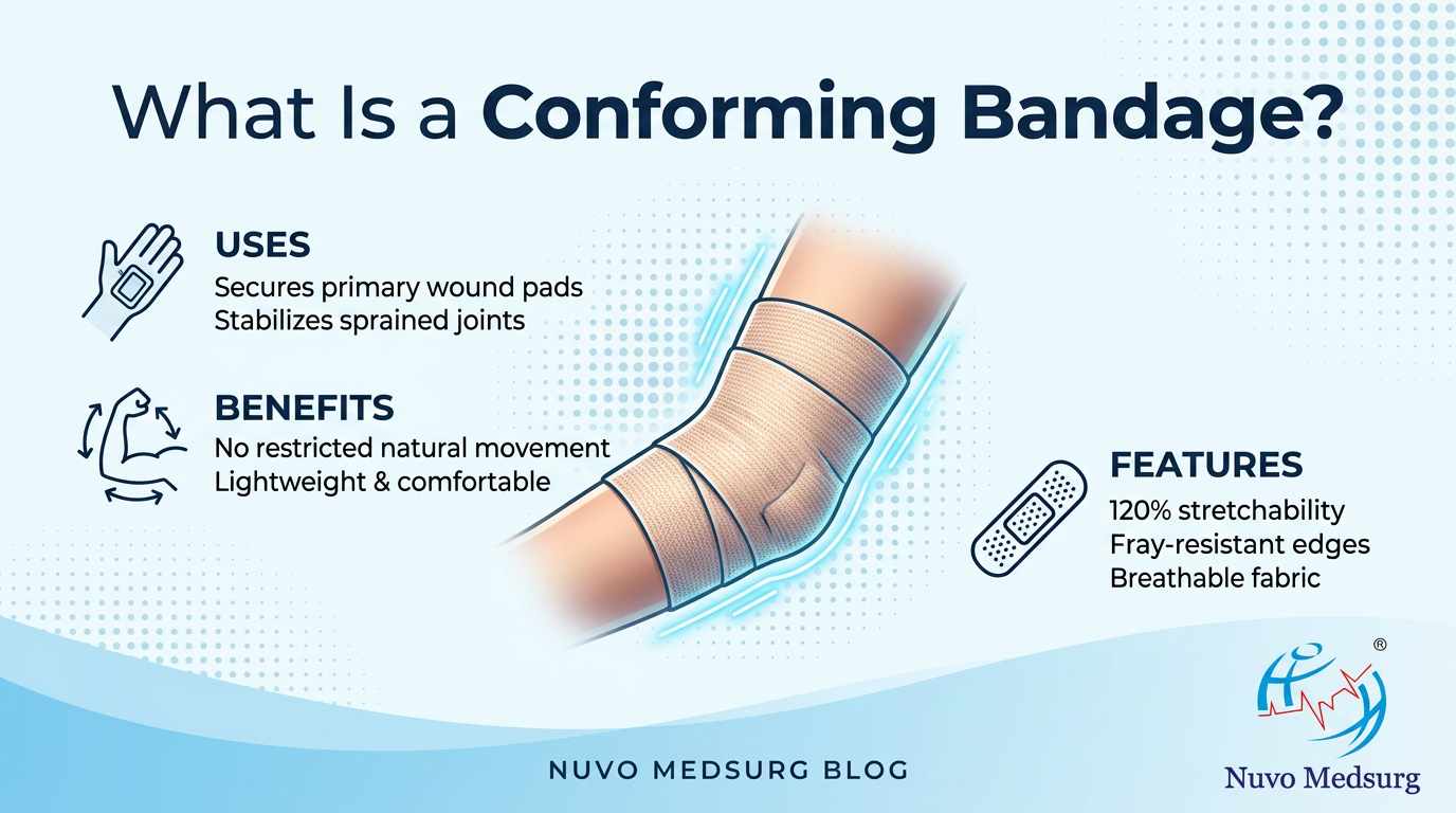 A conforming bandage wrapped around a limb, showing its stretchable fabric.
